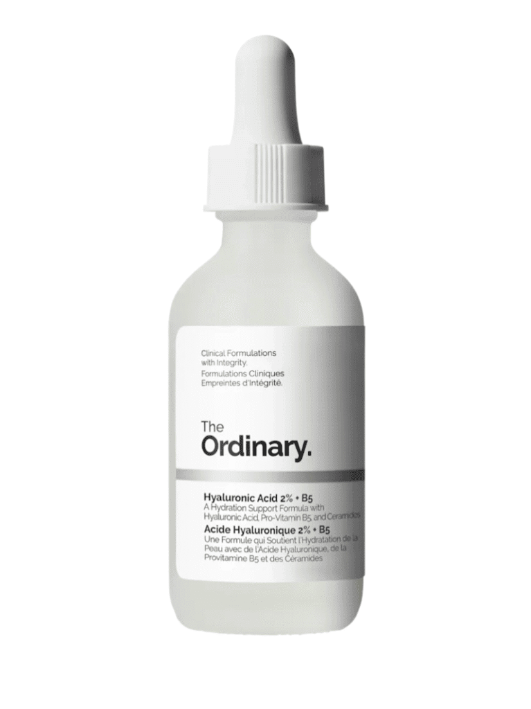 A clear bottle which reads, "The Ordinary."